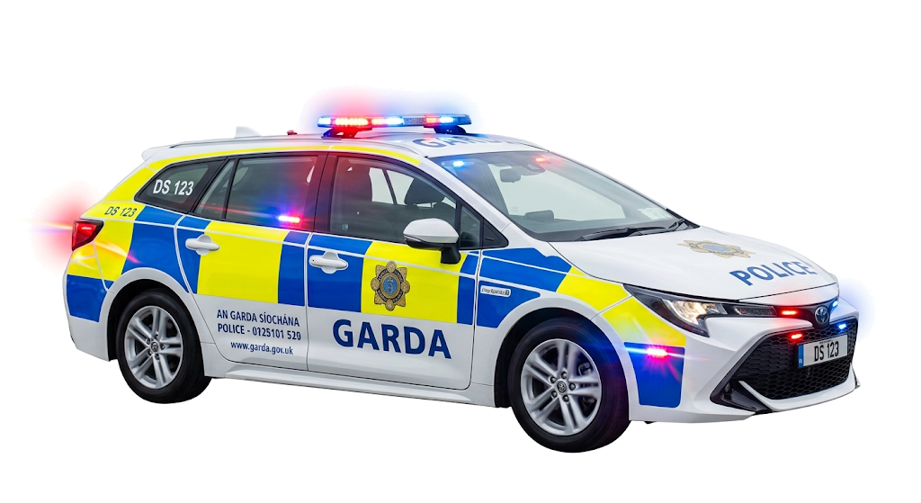 A Garda car idling at the yard gate