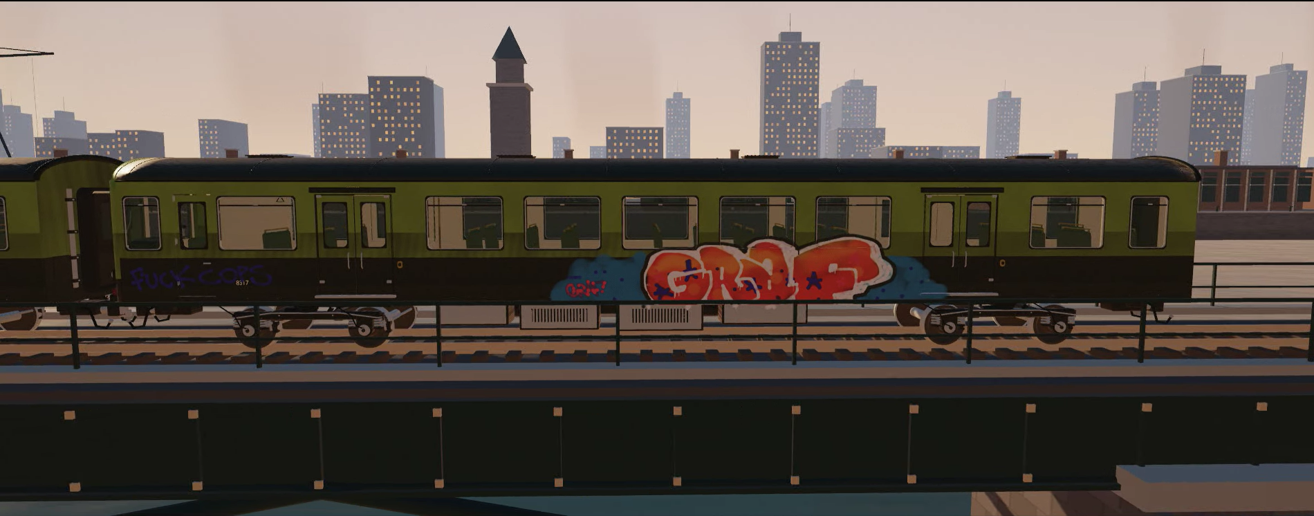 Painted carriage crossing the bridge at dawn